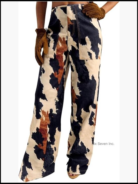 Pants - Western Cow Print Wide Leg Denim Pants Casual Y2k Trousers